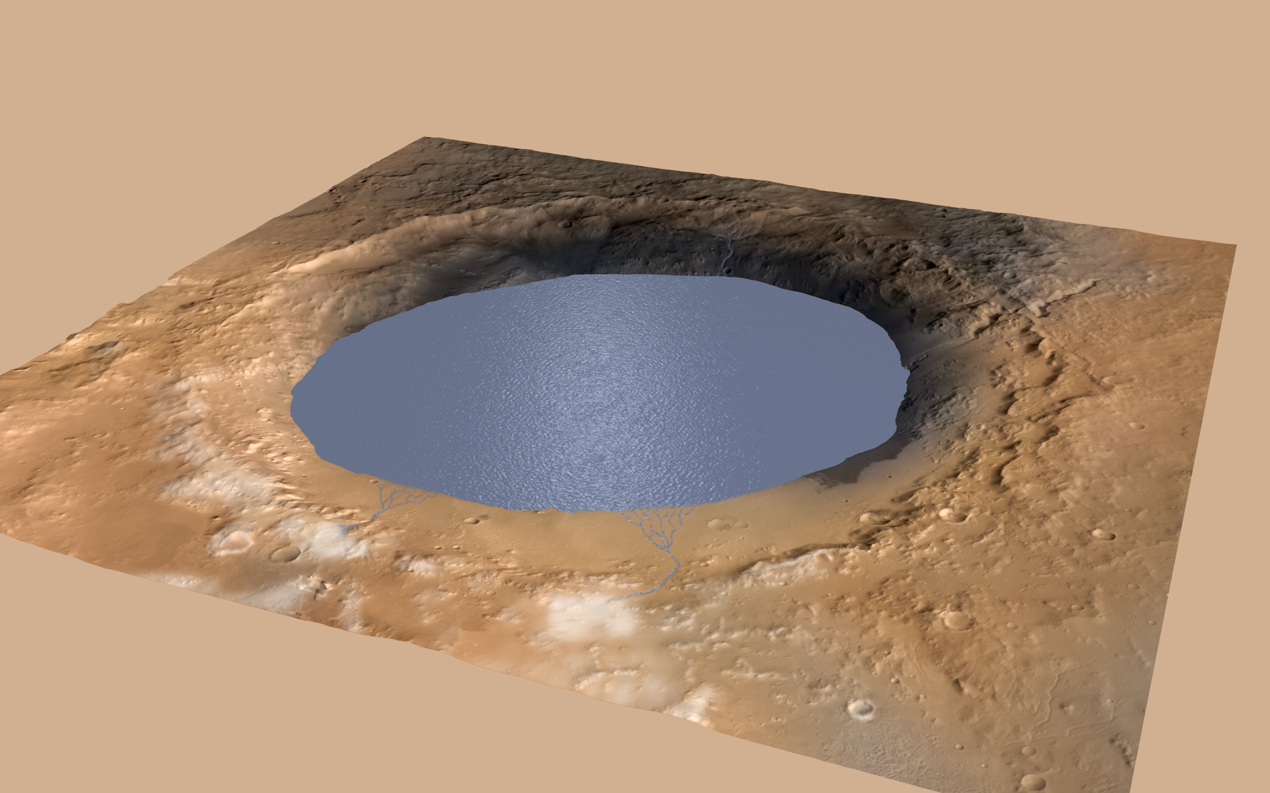 Concepção artística do lago que preenchia a cratera Gale há milhões de anos (Foto: NASA/JPL-Caltech/ESA/DLR/FU Berlin/MSSS)