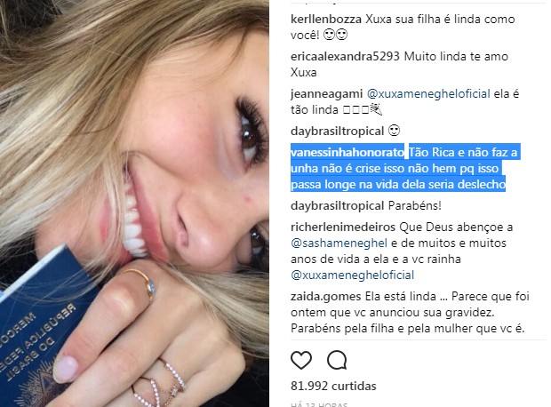 Seguidora de Xuxa critíca Sasha e apresentadora defende a filha (Foto: Reprodução/Instagram)