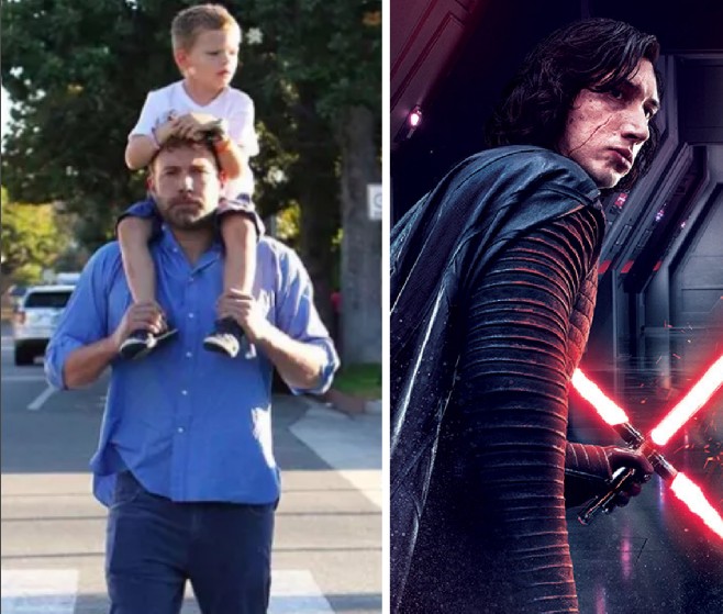 Ben Affleck com o filho Samuel e o ator Adam Driver como o vilão Kylo Ren em Star Wars (Foto: Instagram/Divulgação)