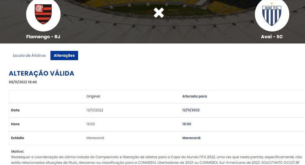 Flamengo Avaí alteração data — Foto: Reprodução