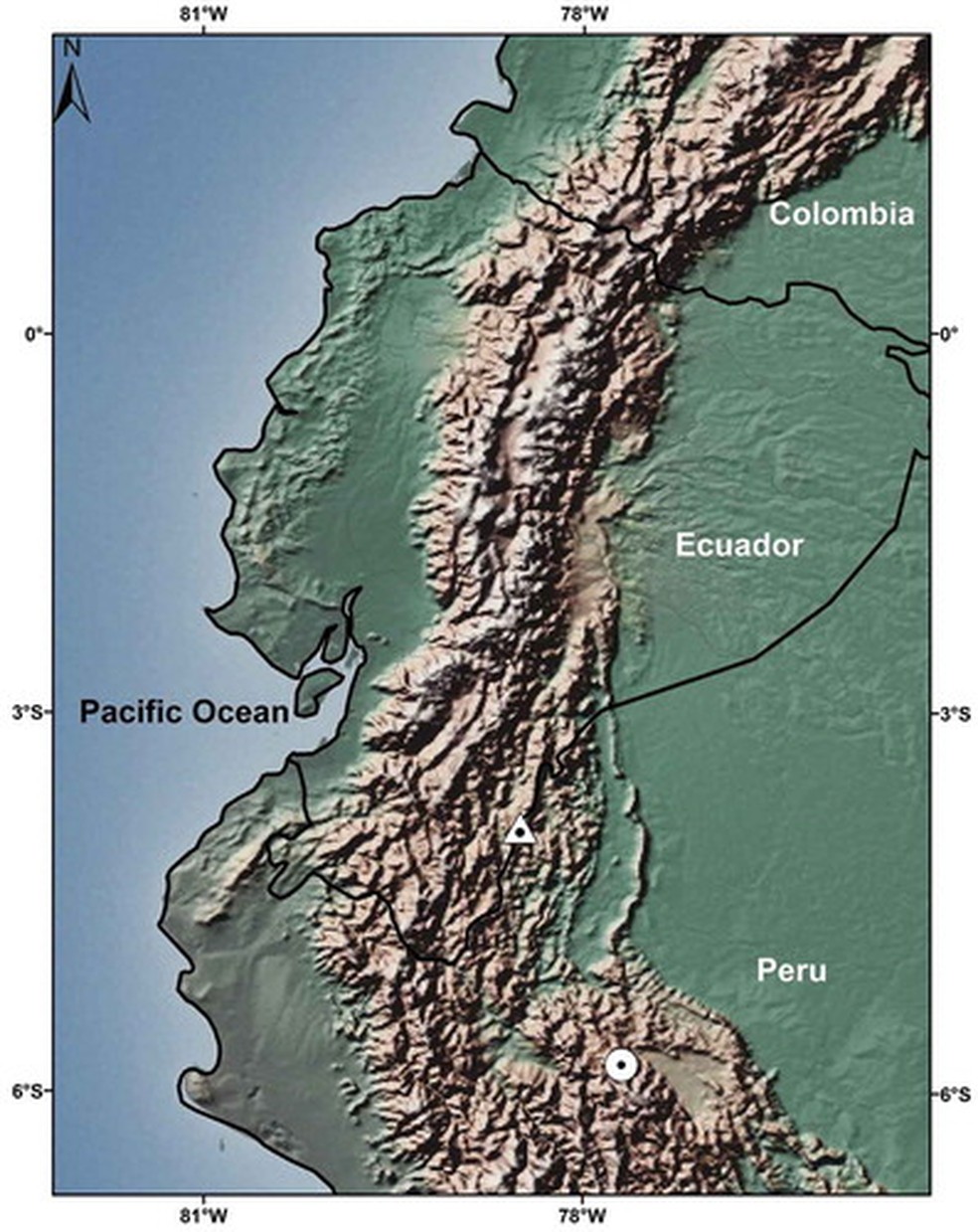 Mapa identifica a área onde a 'Pristimantis ledzeppelin' foi identificada — Foto: Universidade San Juan de Quito