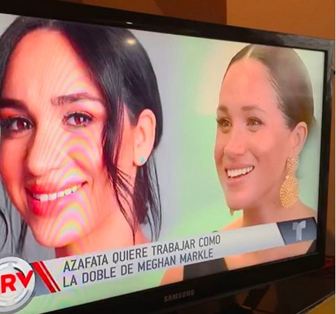 Uma foto compartilhada pela aeromoça sósia da atriz Meghan Markle mostrando uma matéria de TV sobre a semelhança entre as duas (Foto: Instagram)