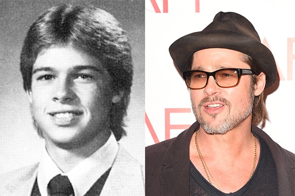 Visto como um dos grandes galãs de Hollywood, Brad Pitt quase não lembra mais o menino de sua foto de anuário. Ele cresceu e conquistou o coração de uma das atrizes mais cobiçadas da atualidade, Angelina Jolie (Foto: Reprodução e Getty Images)