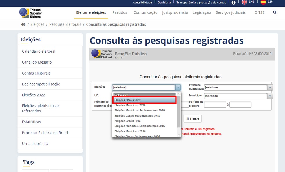 Veja como consultar pesquisas sobre as Eleições 2022 no site do TSE — Foto: Reprodução/Rodrigo Fernandes