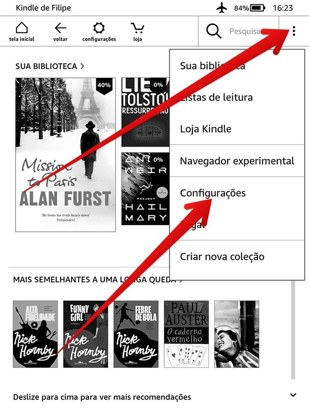 Abra o menu principal do Kindle e acesse as "Configurações" — Foto: Reprodução/Filipe Garrett