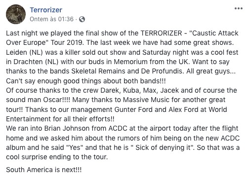 O post no qual os músicos do Terrorizer revelaram o retorno de Brian Johnson ao AC/DC (Foto: Facebook)