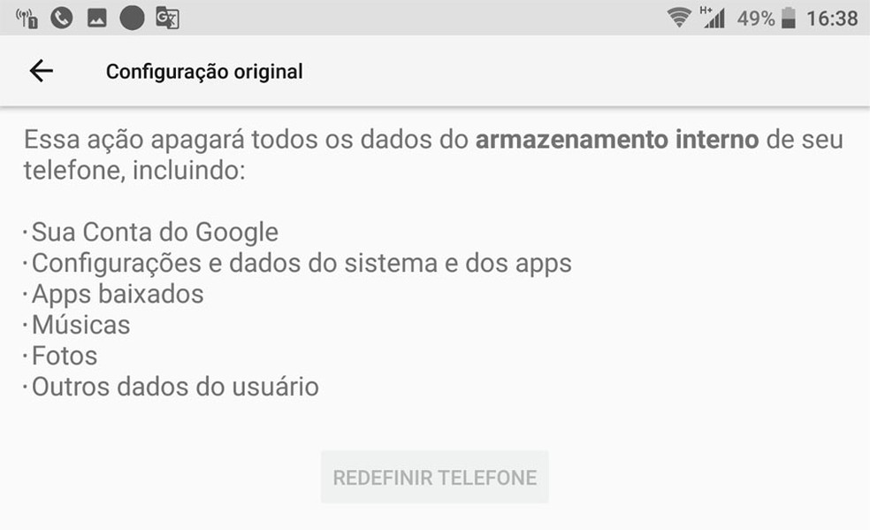 Redefinição de sistema em um aparelho Android, explicando as consequências do procedimento — Foto: Reprodução