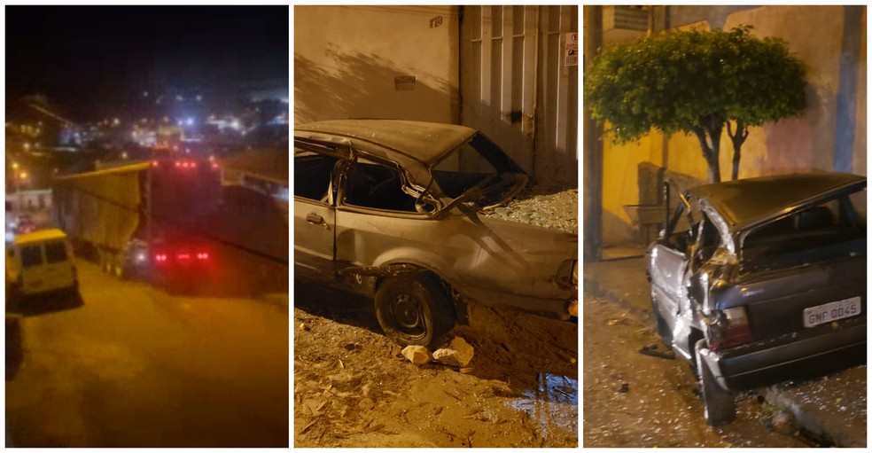 Carreta que provocou acidente e carros que foram atingidos em Santa Luzia, na Grande BH — Foto: Reprodução/Redes Sociais + Magno Dantas/TV Globo