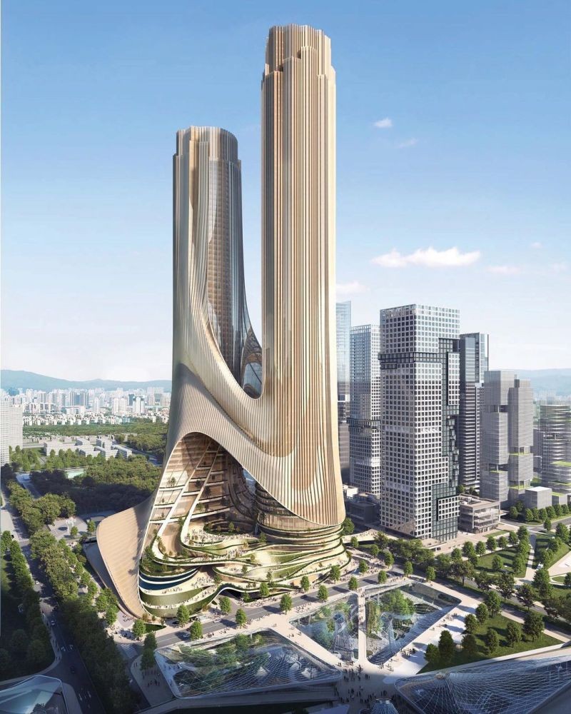 Zaha Hadid Architects projeta par de arranha-céus futuristas unidos por um terraço verde na China (Foto: Zaha Hadid Architects)