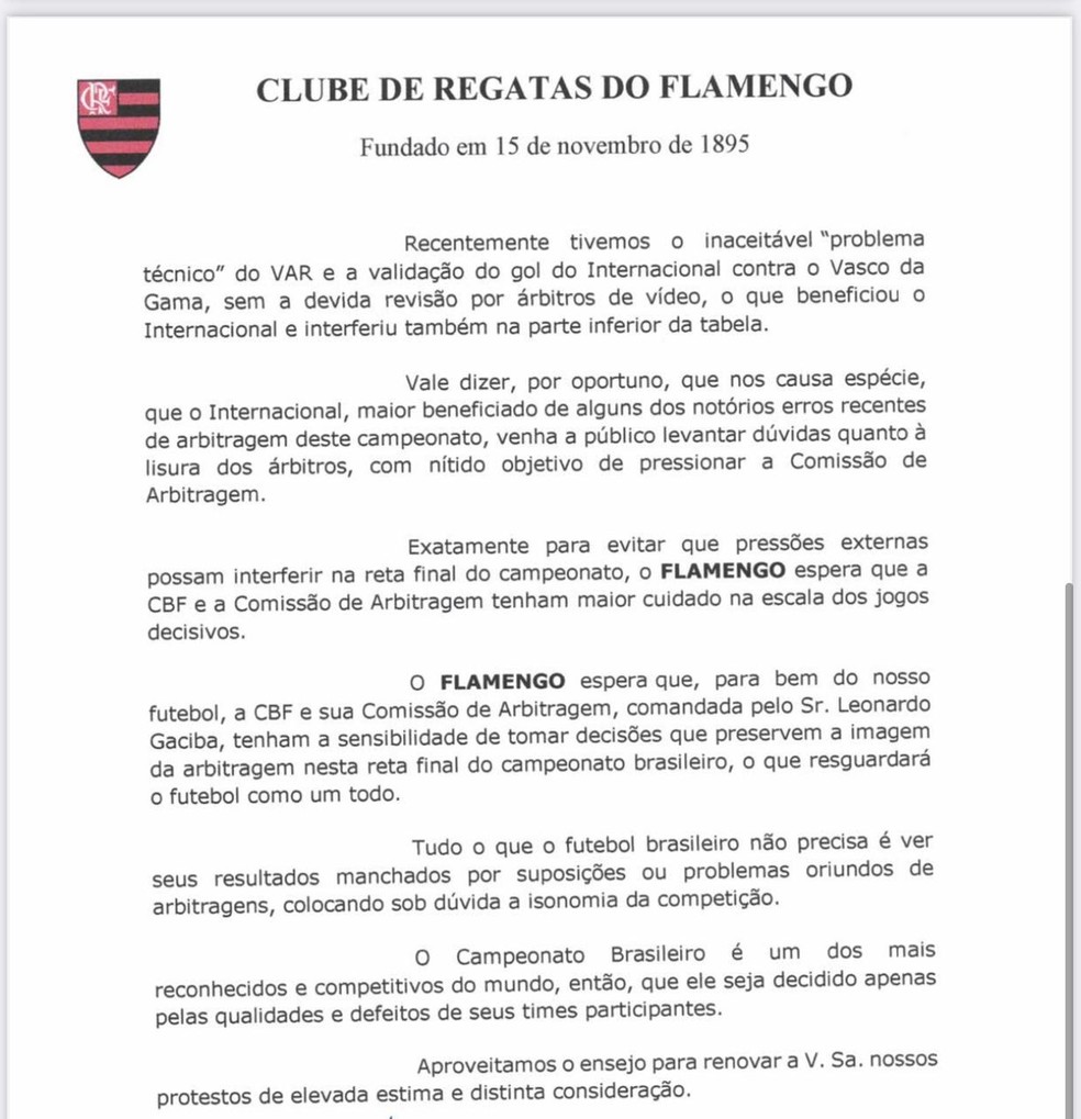 Ofício Flamengo Internacional arbitragem — Foto: ge