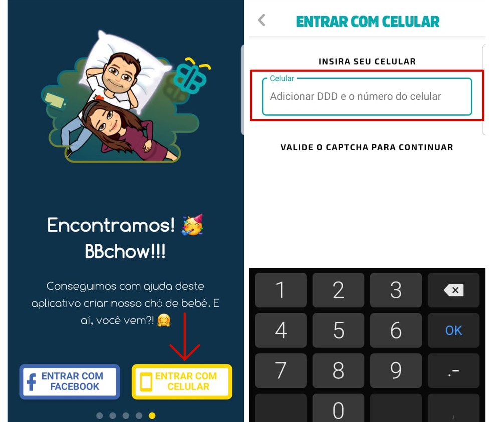 Cadastro no app para lista de bebê pode ser feito com número de celular — Foto: Reprodução/Emanuel Reis