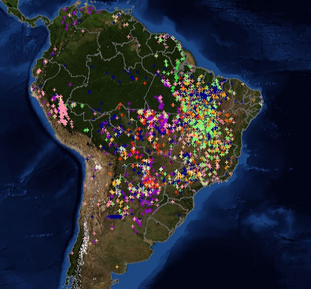 Mapa divulgado pelo Inpe mostra pontos de incêndio registrados por satélites em diversas partes do Brasil e da América do Sul. (Foto: Divulgação/Inpe)
