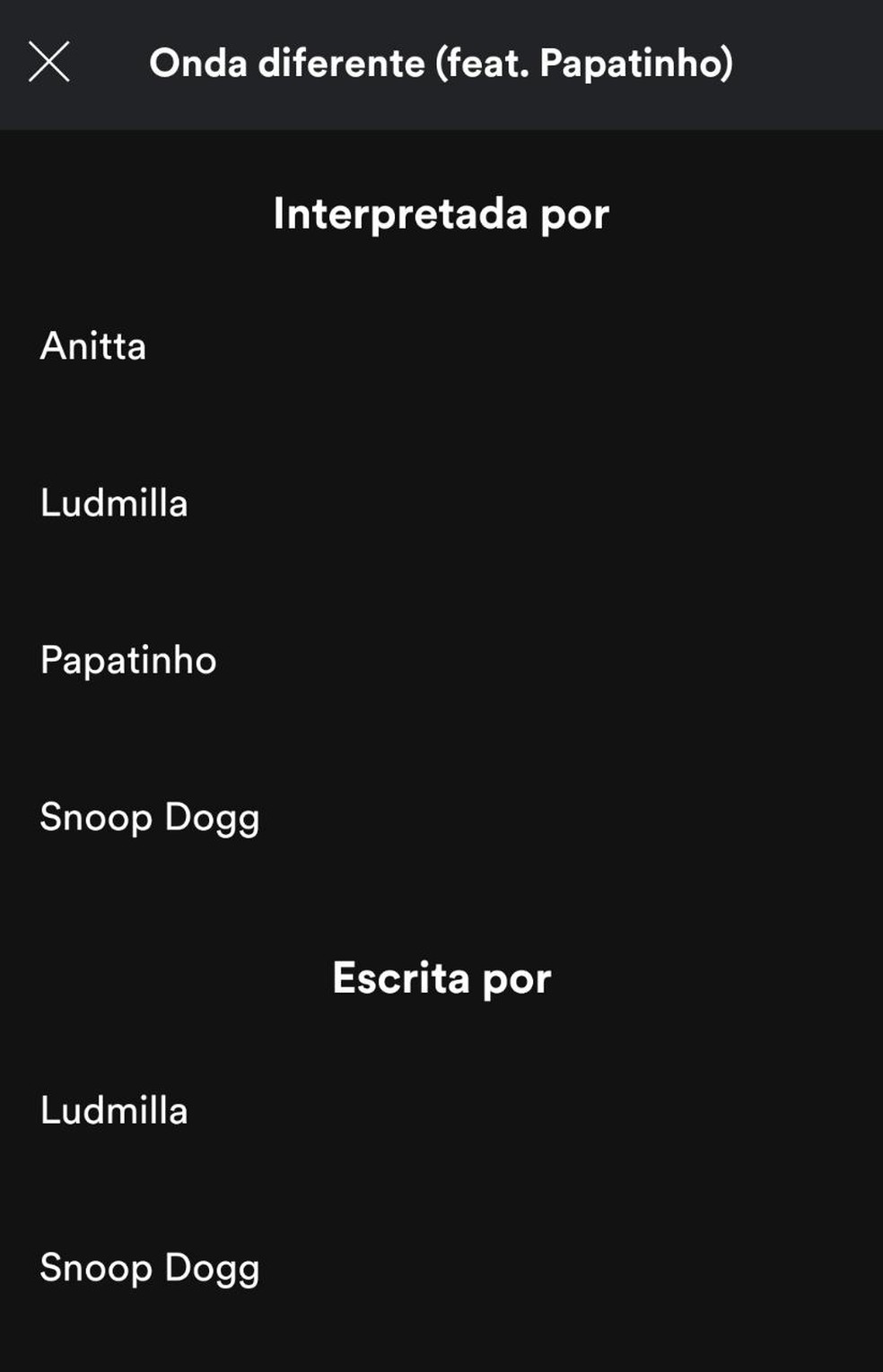 No Spotify, composiÃ§Ã£o de "Onda Diferente" Ã© creditada a Ludmilla e Snoop Dogg â Foto: ReproduÃ§Ã£o
