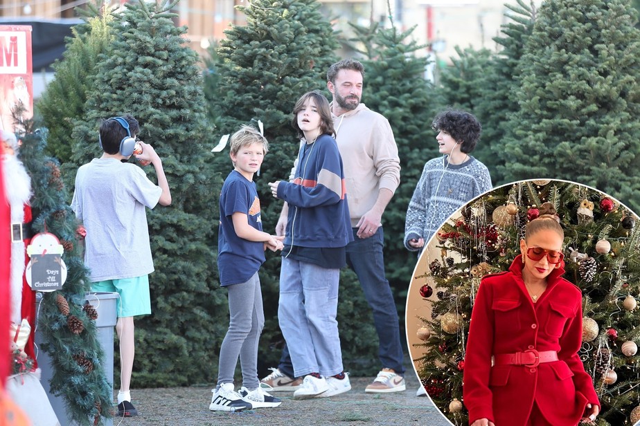 Ben Affleck, seus filhos, Seraphina e Samuel, e os de J-Lo, Max e Emme, comprando uma árvore de Natal