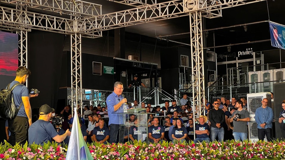 Coronel Marcos Rocha em discurso ao ser anunciado candidato à reeleição pelo governo de Rondônia — Foto: Jaíne Quele Cruz/g1