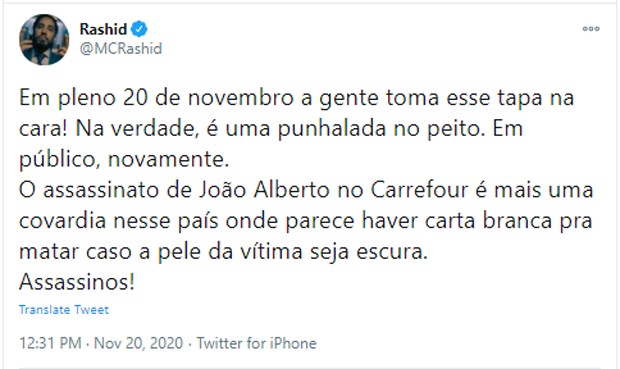 Famosos se manifestam após morte de João Alberto Silveira Freitas em mercado (Foto: Reprodução/Twitter)