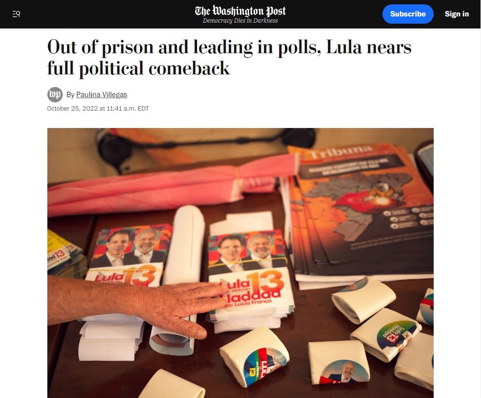 Reportagem do 'Washington Post' destaca favoritismo de Lula na votaÃ§Ã£o de domingo â Foto: ReproduÃ§Ã£o