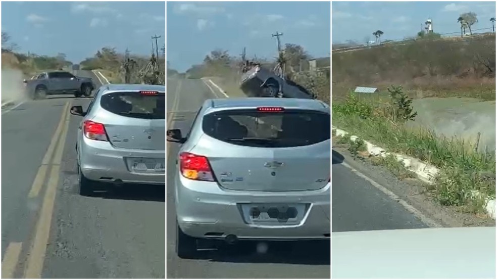 Motorista perde controle do veículo e cai em lago em rodovia de Groaíras, no interior do Ceará — Foto: Reprodução
