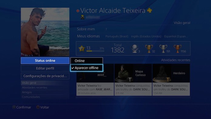PS4: mude o seu status para offline a partir do perfil do jogador (Foto: Reprodução/Victor Teixeira)