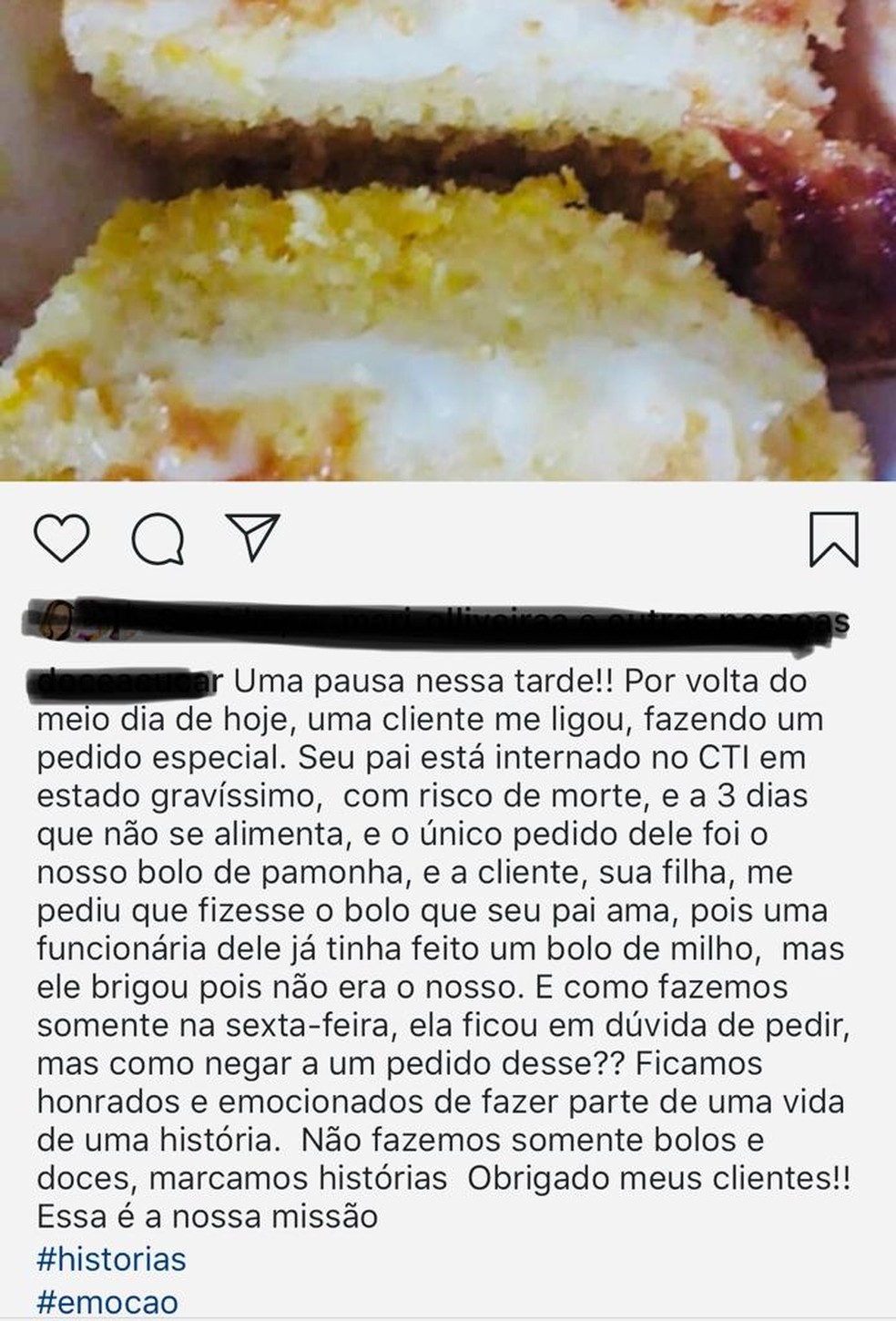 Confeiteiro fez postagem agradecendo carinho com bolo de pamonha e requeijão — Foto: Redes sociais/Reprodução