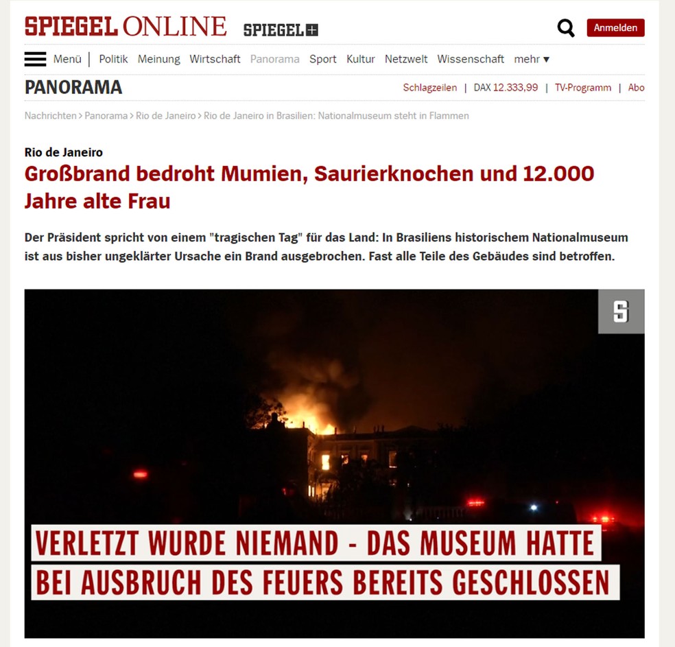 Spiegel Online registrou incêndio no Museu Nacional, no Rio de Janeiro (Foto: Reprodução/ Spiegel Online)