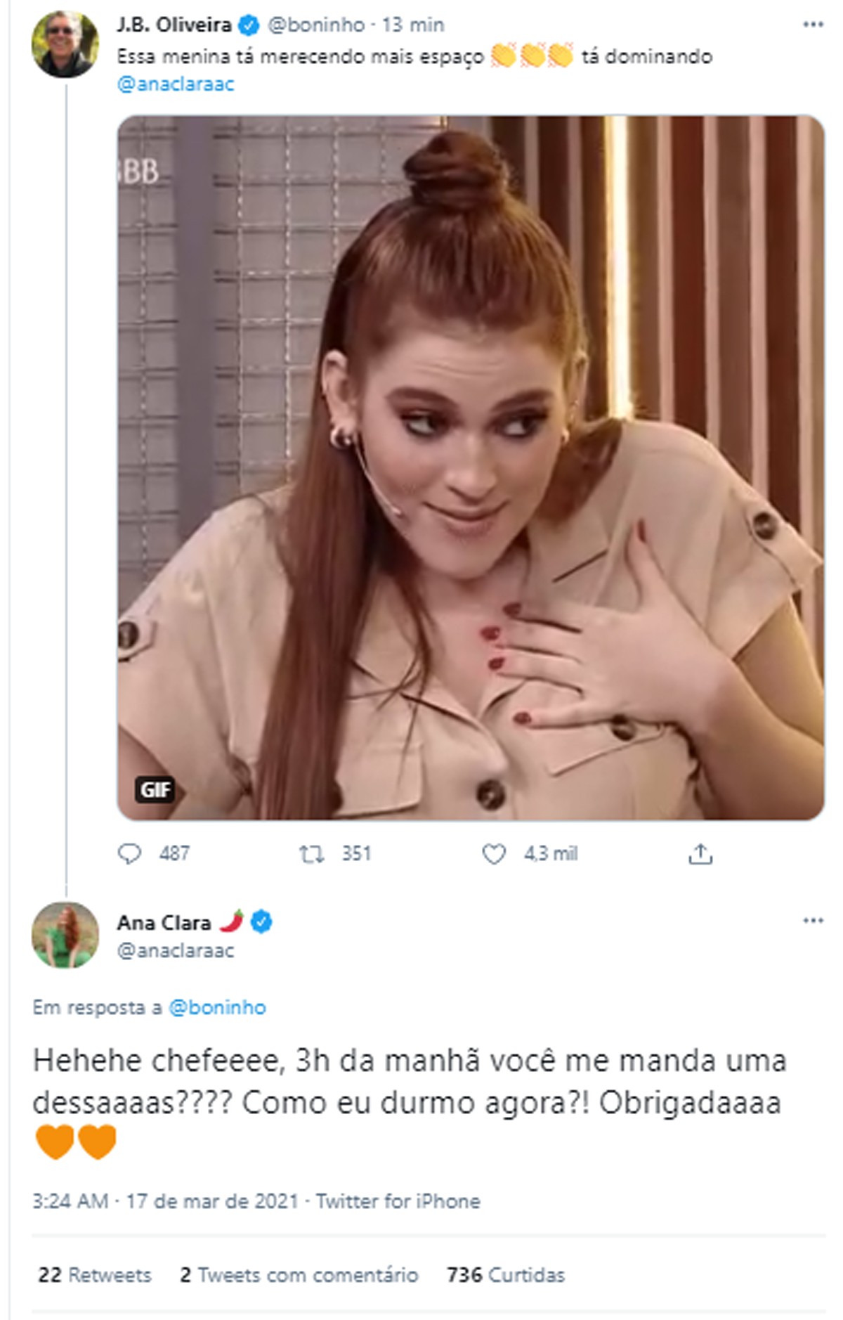 Boninho elogia Ana Clara Lima, apresentadora do rede BBB (Foto: Reprodução/Twitter)