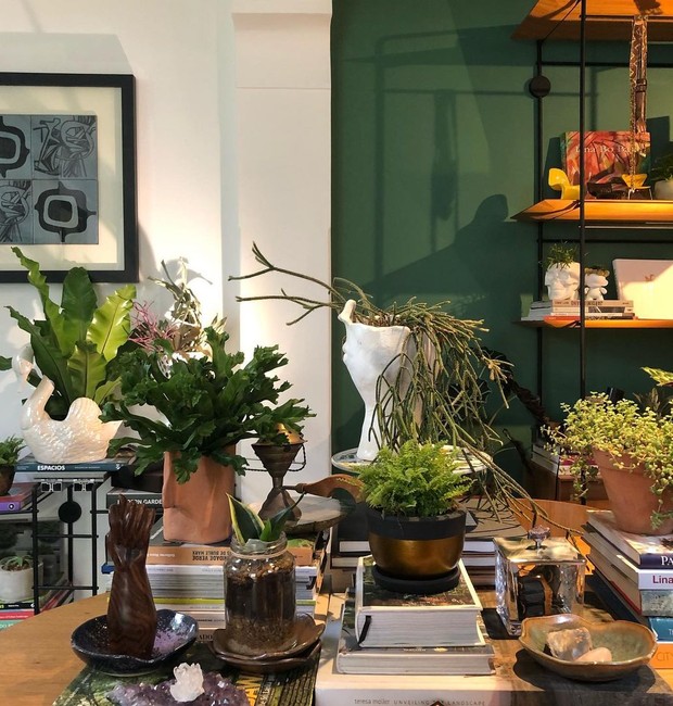 Nesta mesa de centro, a paisagista Clariça Lima misturou livros, esculturas e objetos com plantas em vasos sortidos (Foto: Studio Clariça Lima / Divulgação)