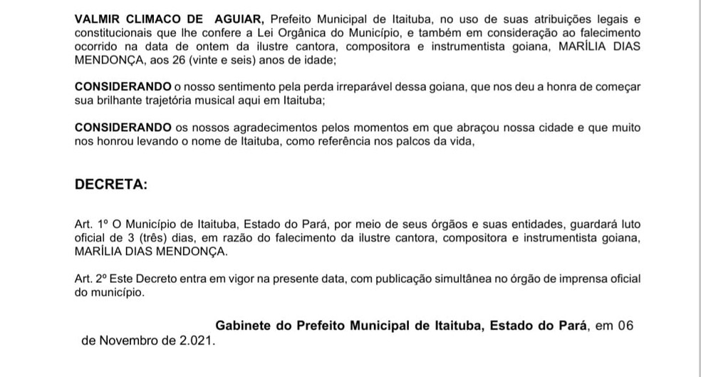 Trecho de decreto da Prefeitura de cidade no Pará pela morte de Marília Mendonça  — Foto: Prefeitura de Itaituba/Reprodução 