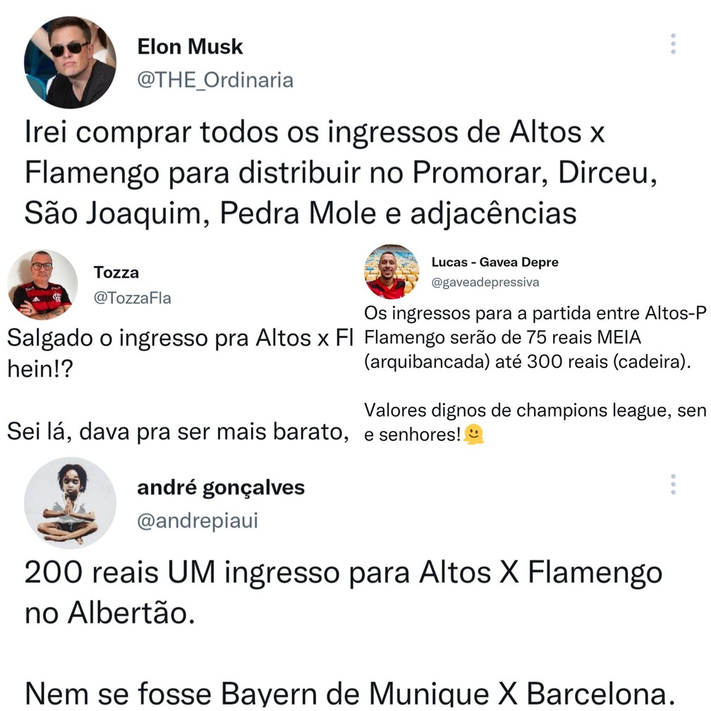 Torcedores comentam nas redes sociais os valores dos ingressos de Altos x Flamengo — Foto: Reprodução/Twitter