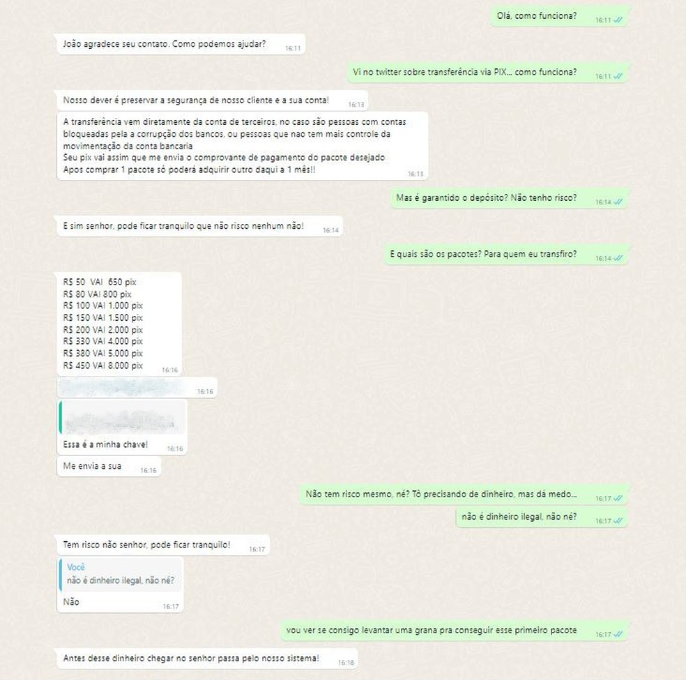 Em conversa por aplicativo de mensagem, homem oferece multiplicar depósitos via PIX — Foto: Reprodução