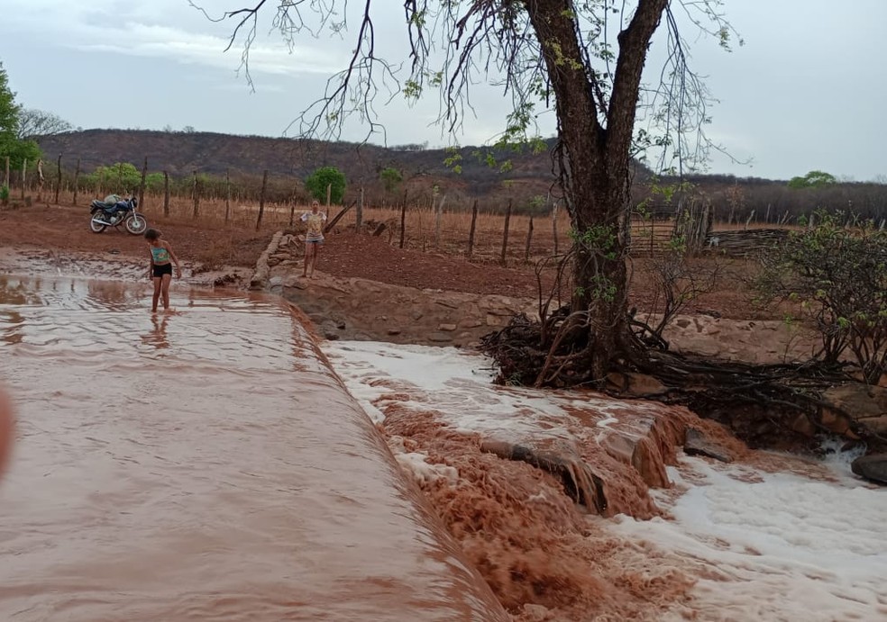 Na zona rural de Guaribas, na localidade Sussuarana o Riacho do Cajazeira transbordou e encobriu a passagem molhada da comunidade. — Foto: Reprodução
