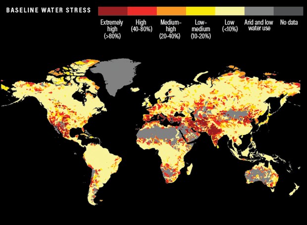 No mapa, as regiões em vermelho enfrentam maior escassez de água (Foto: World Resources Institute/ Reprodução)