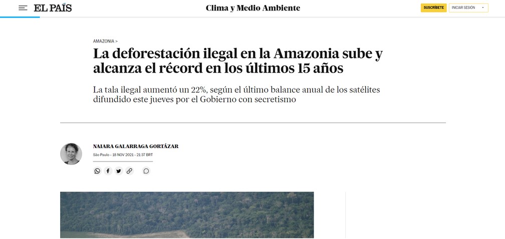 Imprensa internacional repercute maior desmatamento na Amazônia em 15 anos — Foto: Reprodução/elpais.com