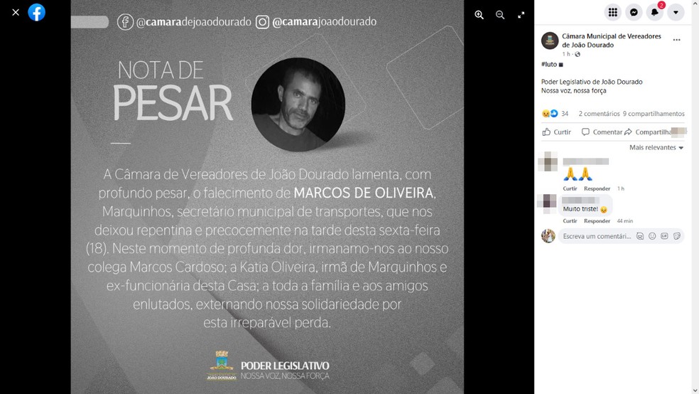 A Câmara de Vereadores de João Dourado divulgou uma nota de pesar e desejou solidariedade aos familiares do secretário. — Foto: Reprodução/Redes Sociais