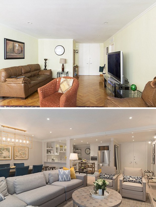 Antes e depois da sala da casa dos pais de Mila Kunis (Foto: Divulgação/Houzz)