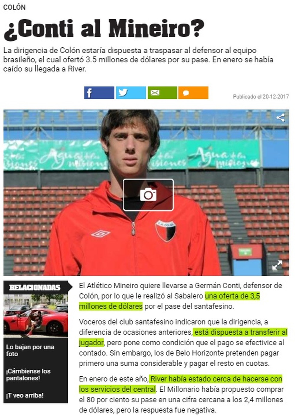 Publicação argentina falou sobre a negociação (Foto: Reprodução)