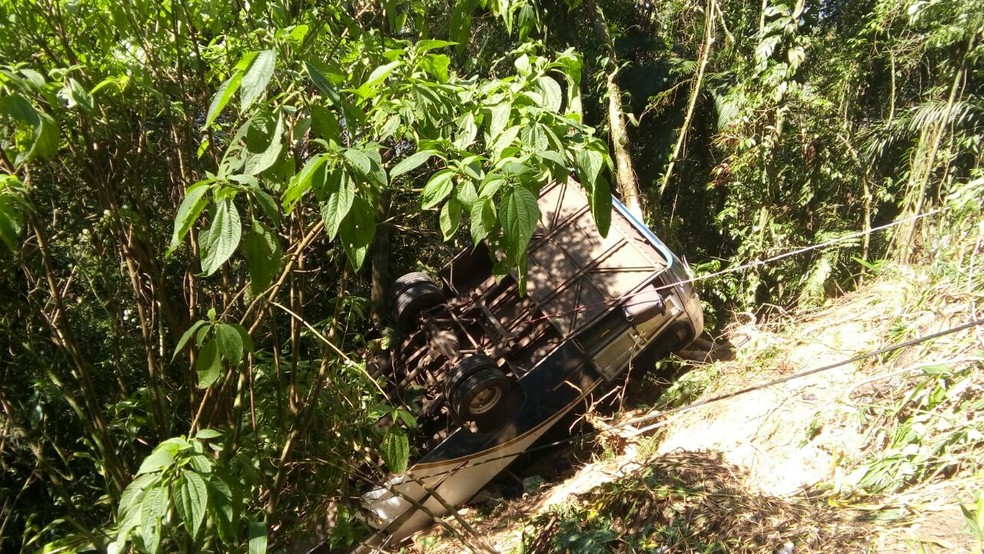 Micro-ônibus caiu na ribanceira na serra de Ubatuba (Foto: Kadu Reis/TV Vanguarda)