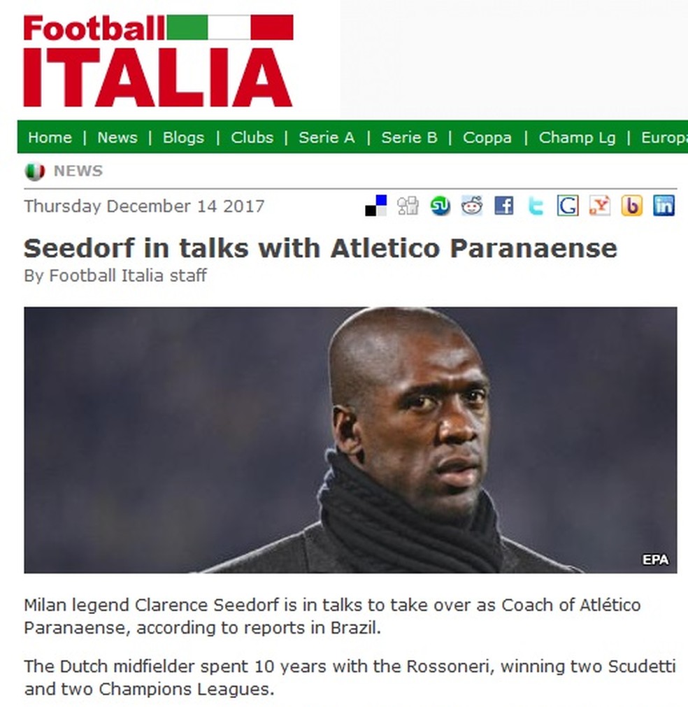 Imprensa italiano dá maior destaque à negociação do Atlético-PR com Seedorf (Foto: Reprodução)