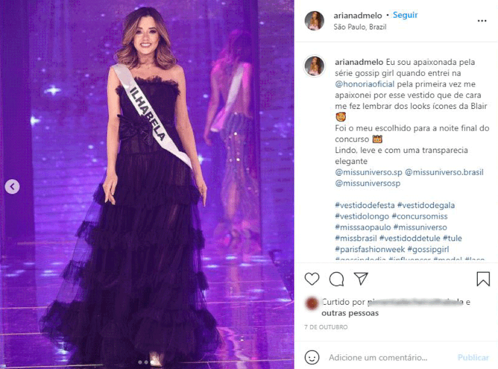 Ariana de Melo representou a cidade de Ilhabela no concurso Miss Universo São Paulo — Foto: Reprodução/Arquivo pessoal