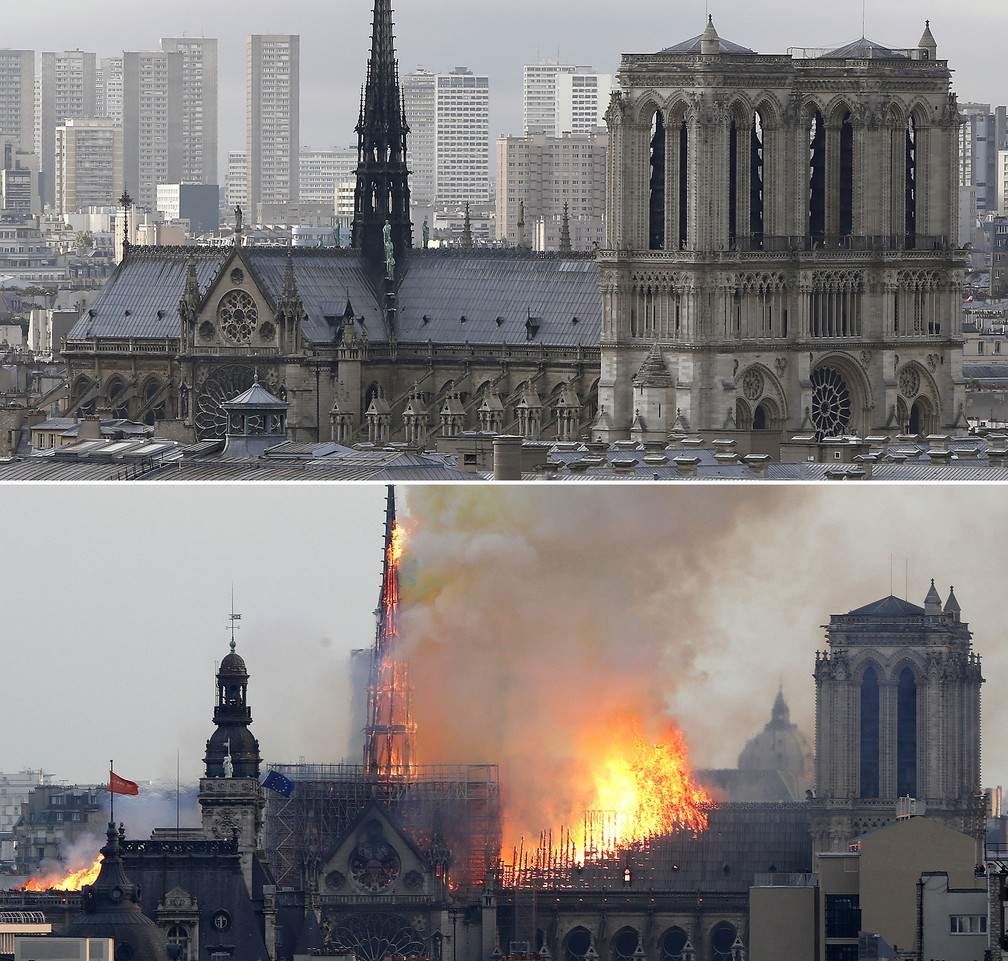 Comparativo mostra imagem de arquivo com o incêndio ocorrido nesta segunda-feira (15) na Catedral de Notre-Dame, em Paris — Foto: Patrick Kovarik/AFP; Thibault Camus/AP
