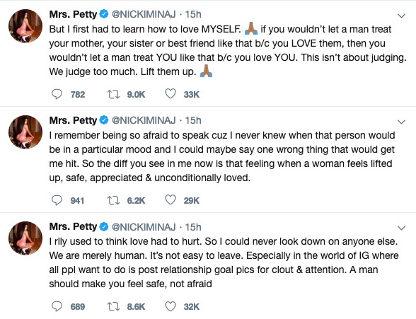 O tuítes de Nicki Minaj falando de sua experiência com relacionamentos abusivos (Foto: Twitter)