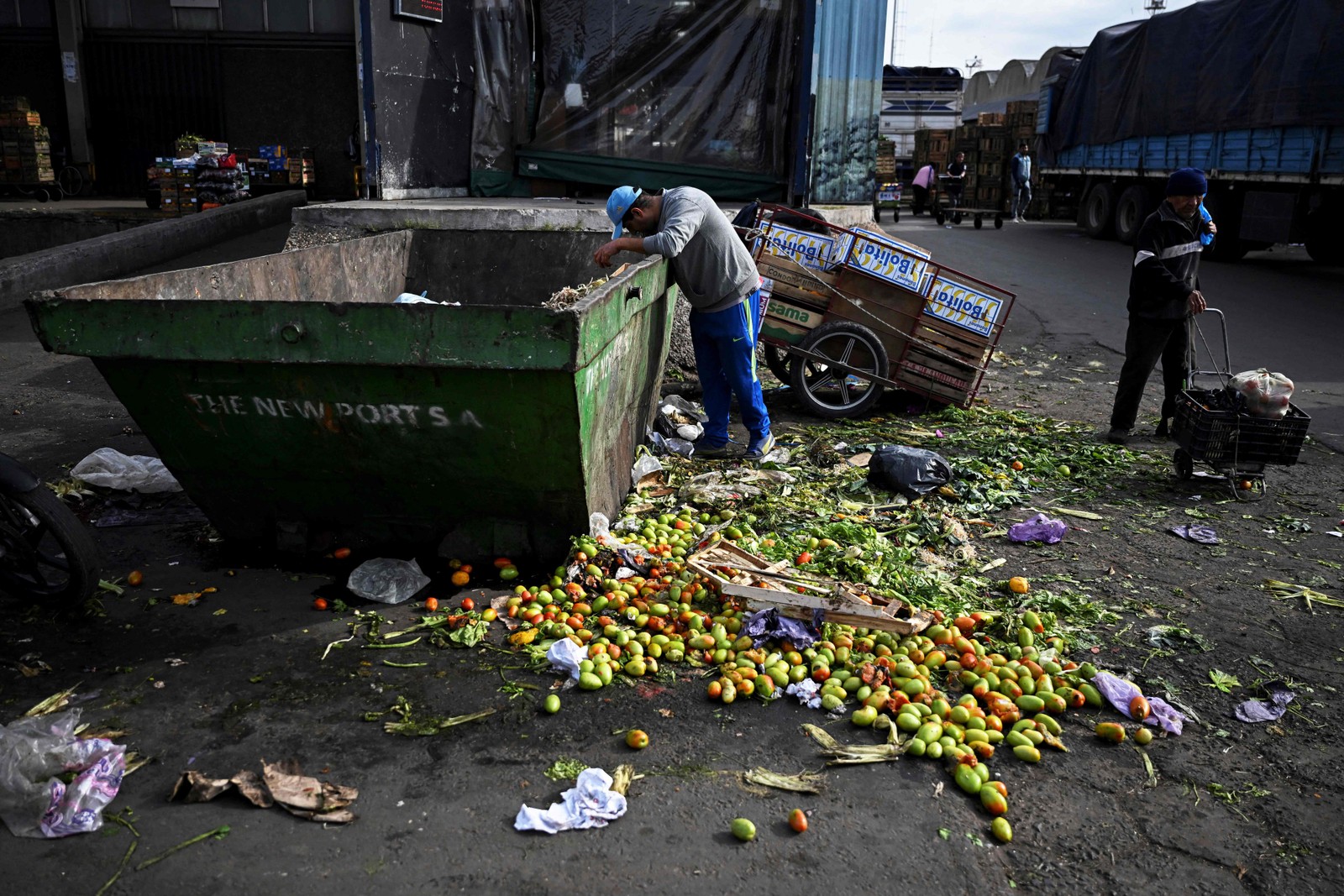 Um homem procura comida dentro de uma lata de lixo onde frutas e vegetais descartados são depositados no Mercado Central de Buenos Aires. — Foto: Luis ROBAYO / AFP
