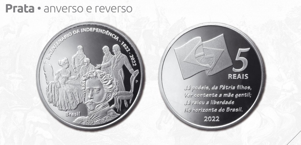 Moeda de R$ 5, em prata, comemorativa dos 200 anos da Independência do Brasil — Foto: Banco Central/Reprodução
