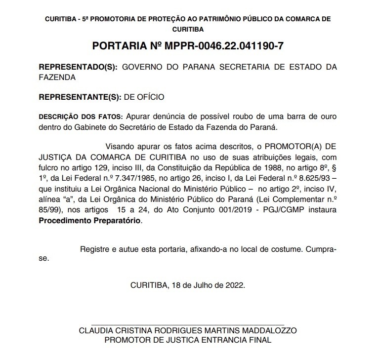 Ministério Público investiga furto de barra de ouro de gabinete da Secretaria de Estado da Fazenda do Paraná