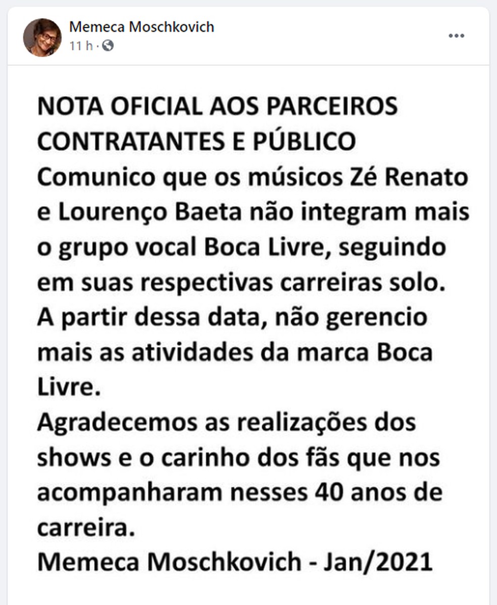 Nota oficial sobre as saídas de Zé Renato e Lourenço Baeta do grupo Boca Livre — Foto: Reprodução / Facebook Memema Moschkovich