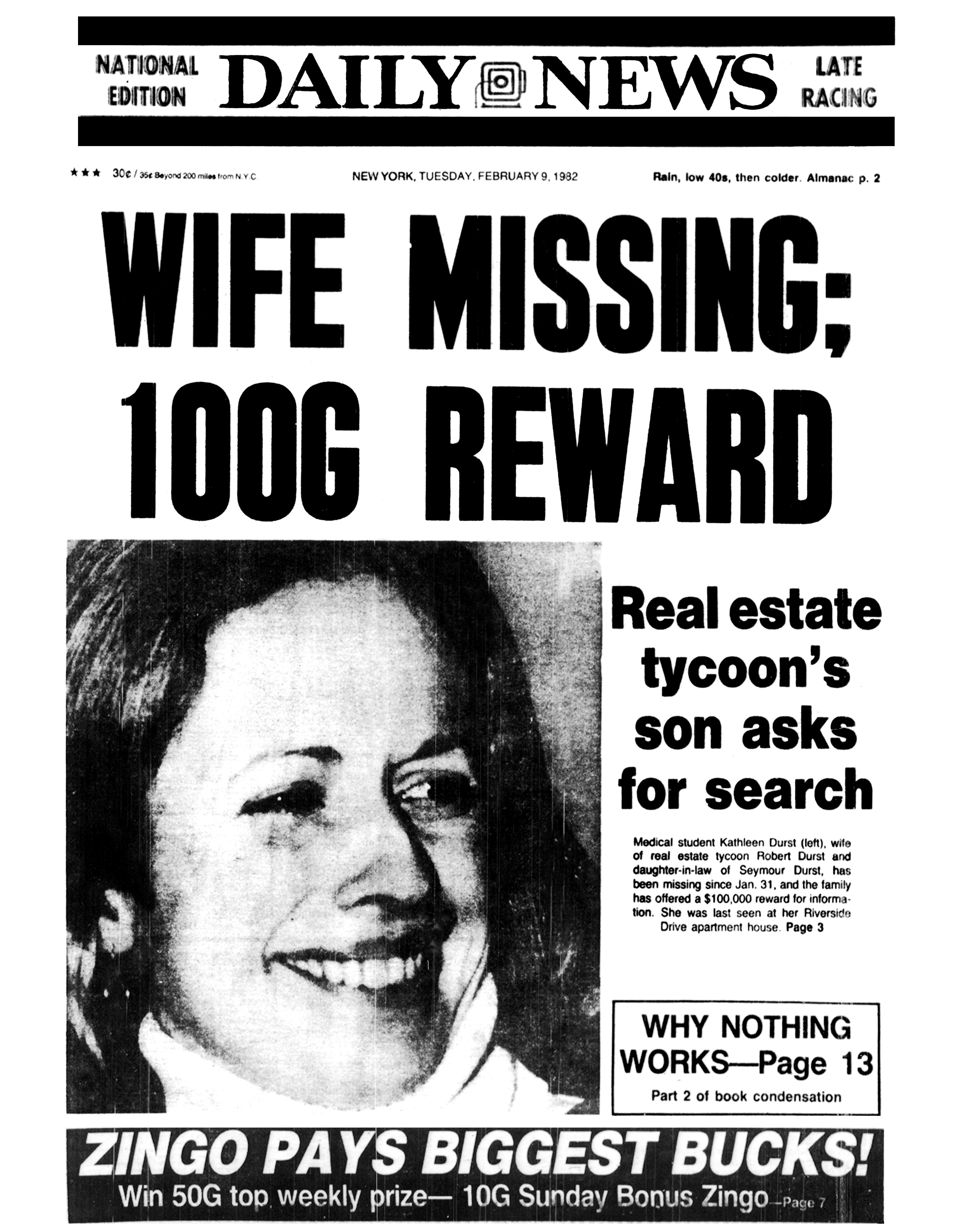 A capa do jornal New York Daily News de 9 de fevereiro de 1982 noticiando a recompensa de US$ 100 mil oferecida por Robert Durst por informações sobre sua esposa desaparecida (Foto: Getty Images)