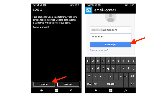 Iniciando o login de acesso de uma conta do Gmail no Windows Phone (Foto: Reprodução/Marvin Costa)