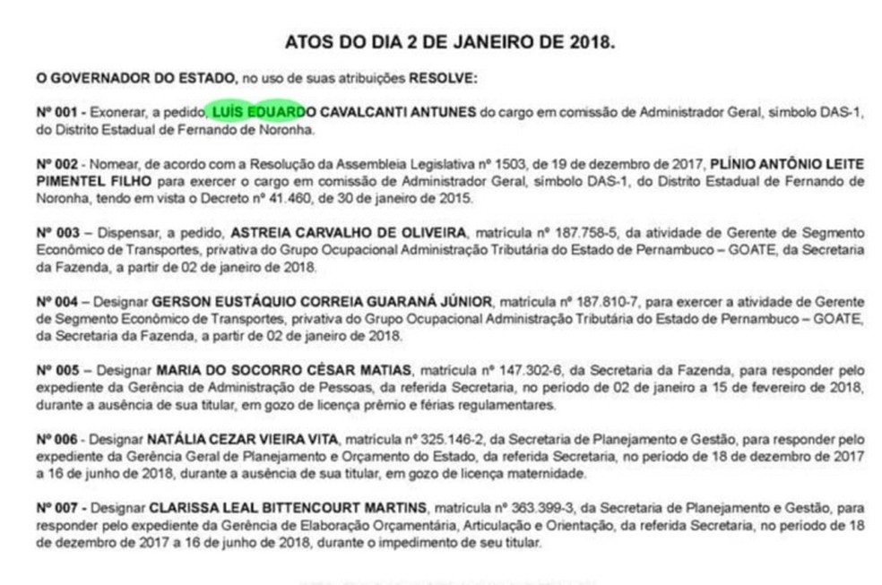 Ato de exoneraÃ§Ã£o de LuÃ­s Eduardo Antunes  (Foto: DiÃ¡rio Oficial de Pernambuco )