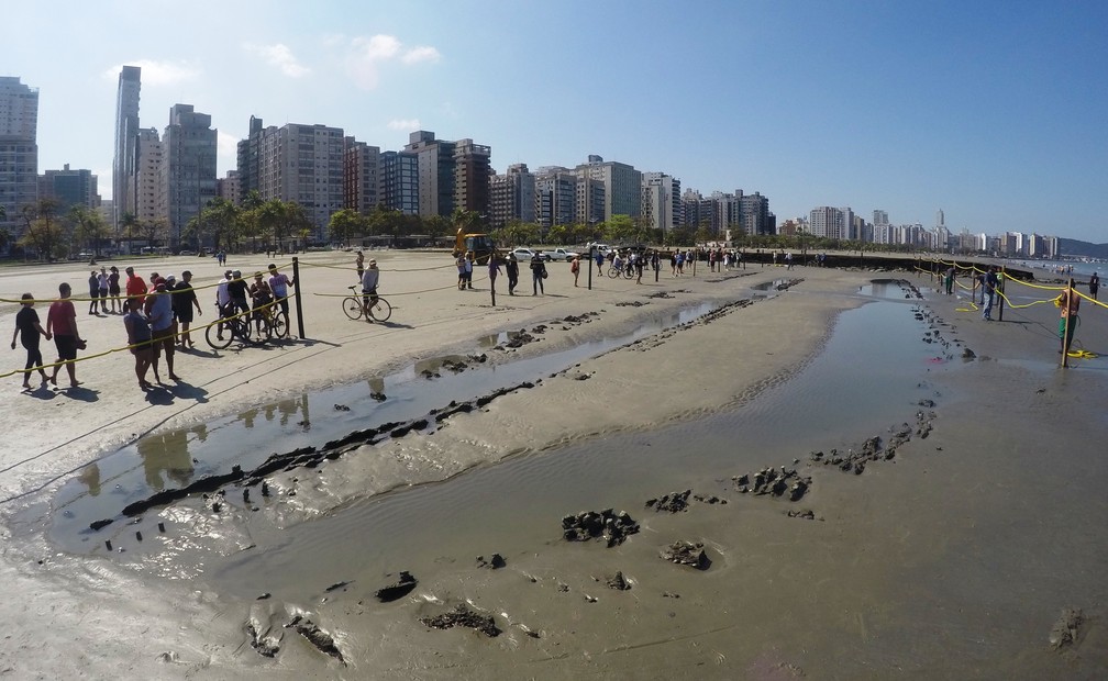 Destroços de navio foram encontrados na Praia do Embaré, em Santos, SP (Foto: José Claudio Pimentel/G1)