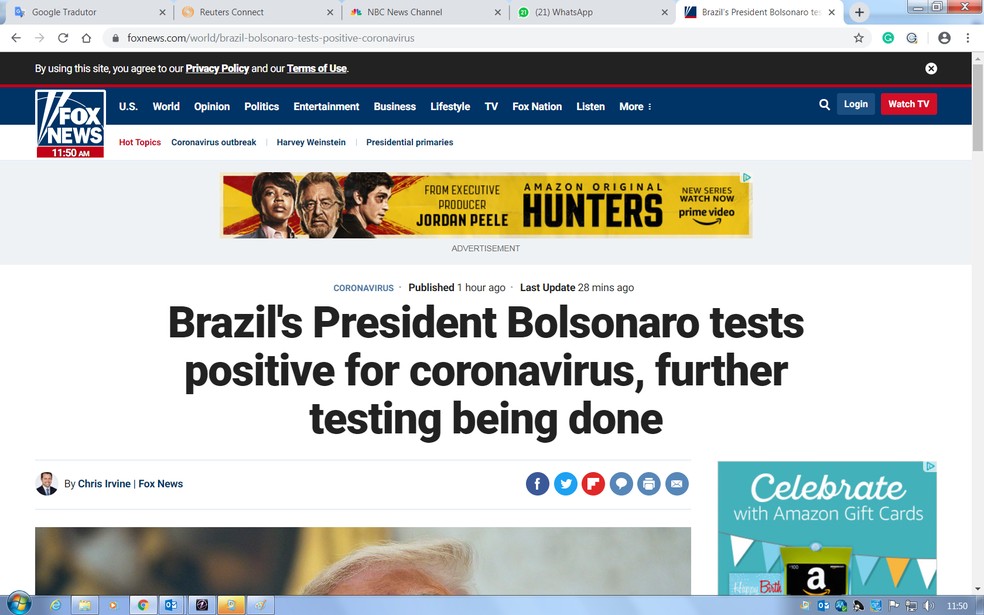 Reportagem divulgada no site da rede de TV Fox News sobre resultado positivo para coronavírus em teste feito por Bolsonaro — Foto: Reprodução